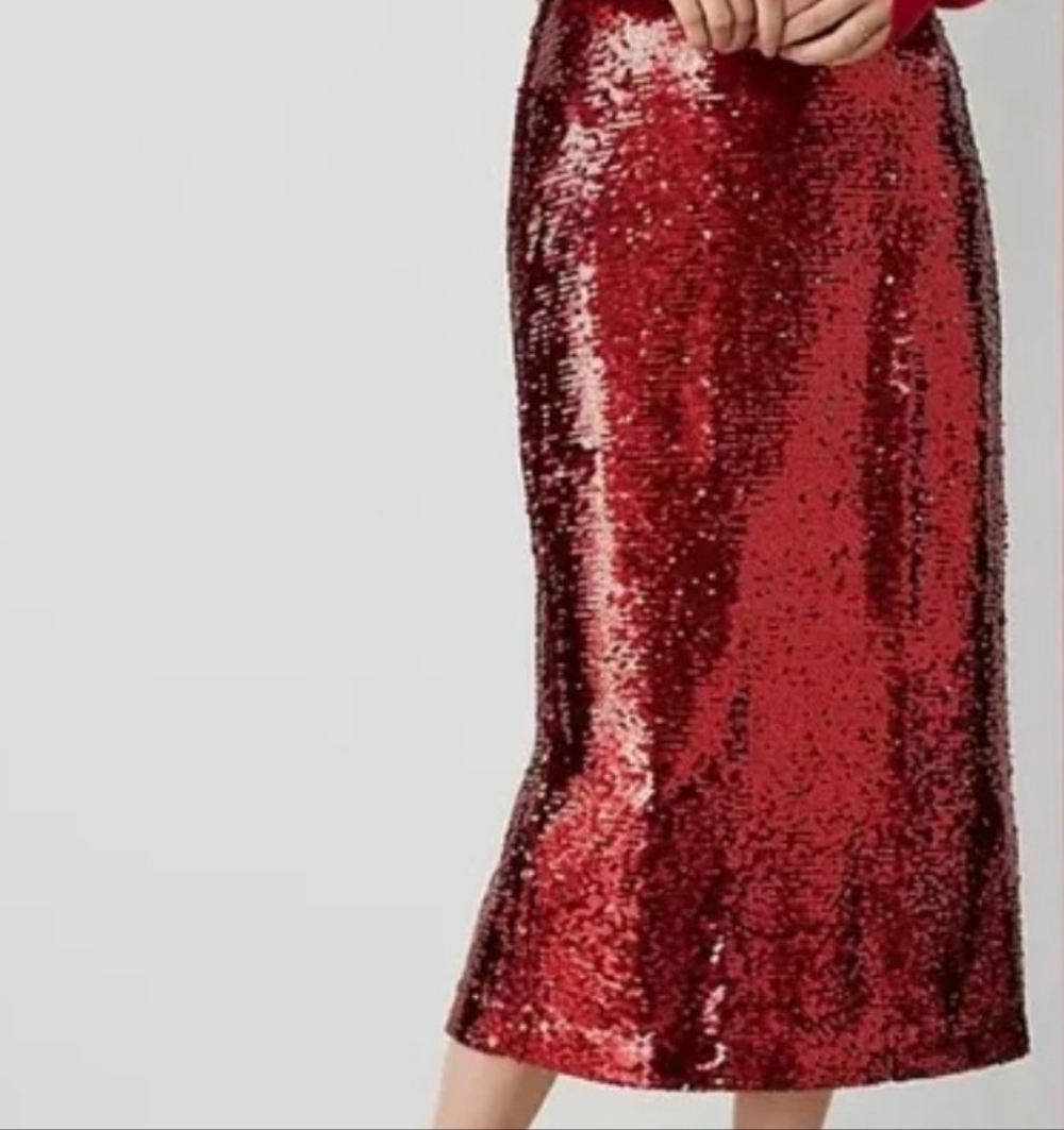 Ann Taylor Red Sequin Midi Skirt 8 NWOT
